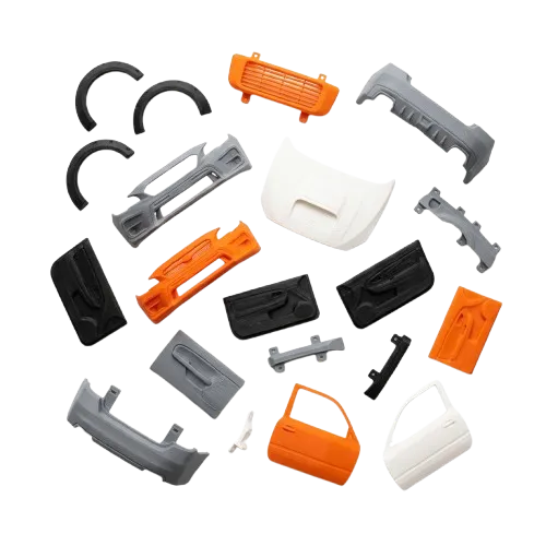 3D printed car parts in various colors